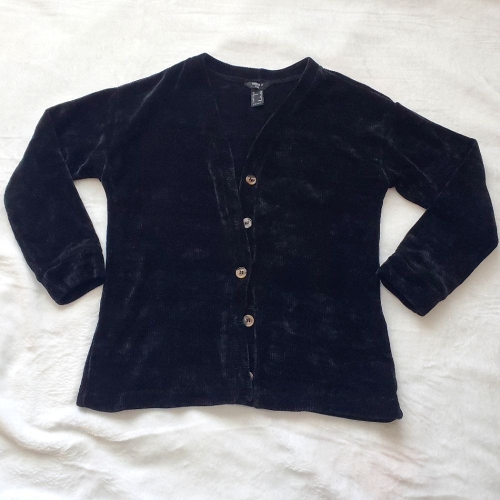 Forever 21 Kids Black Velvet Velour Button Down Cardigan Sweater Witchy Goth 7/8
